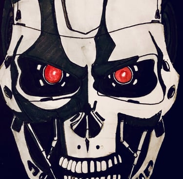 A marker drawing of the terminator. high contrast. black background.