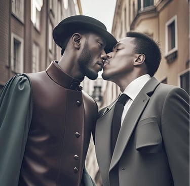 two men in suits and ties kissing in a city