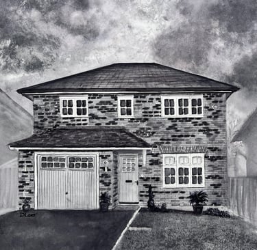 Watercolour of a modern house with a cloudy sky