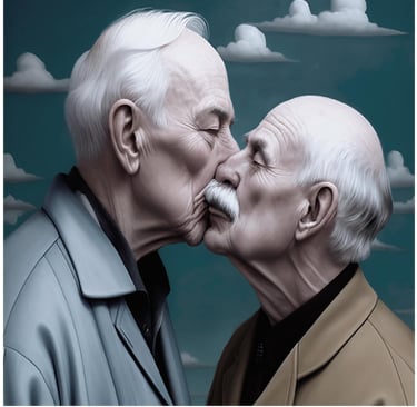 a man and man kissing in front of a blue sky