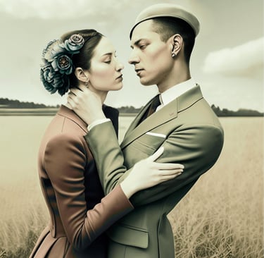 a man and woman in a field of tall grass