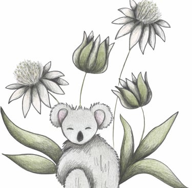 Hand-drawn illustration of a koala surrounded by white and green flowers