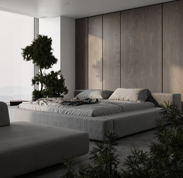 3D rendering of a modern bedroom with a grey bed, wood panel wall, plants, and concrete floor in a minimal design.