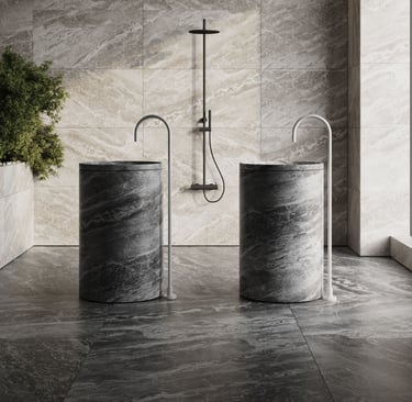 3D rendering of a modern bathroom with stone sinks, curved faucets, marble wall, shower, dark floor, and indoor plant.