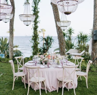 Destination wedding setup in the seaside gardens of Villa El Rincon in Marbella