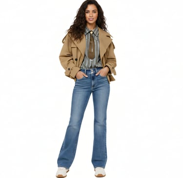 a woman in jeans, vest and a jacket standing in front of a white background