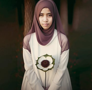 a woman in a white dress and a flower in her hands