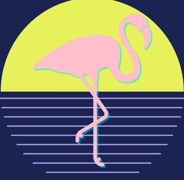 a flamingo standing in the water with a sun setting