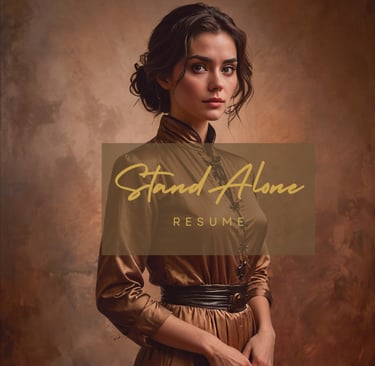 a woman in a brown dress with a brown dress with the words Resume 