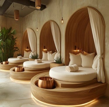 a spa room with a row of beds and a large window