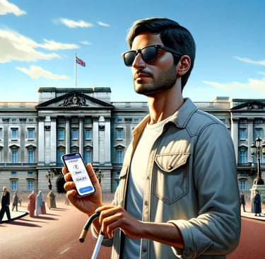 una imagen de un chico ciego usando su smartphone como audioguía