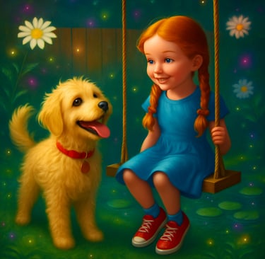a girl sitting on a swing set with a dog