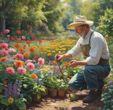 man in garden painting flowers