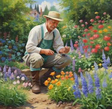painting of man in garden painting flowers