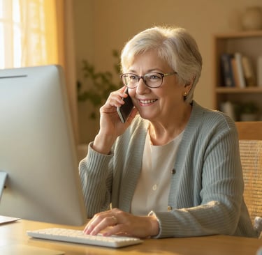 Warm, relaxing photo of a senior woman in her 70s, talking on her phone while sitting in front of a computer
