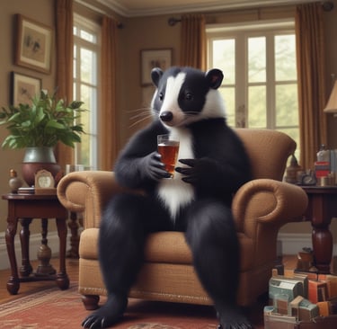 Image of skunk drinking a beer in a recliner