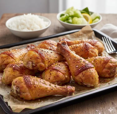 “Crispy golden oven-baked chicken drumsticks on a tray ready to serve.”