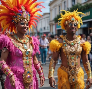 Two people in colourful carnival costumes at Notting  Hill Carnival