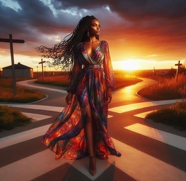 Woman with long knotless braids standing at crossroads during sunset