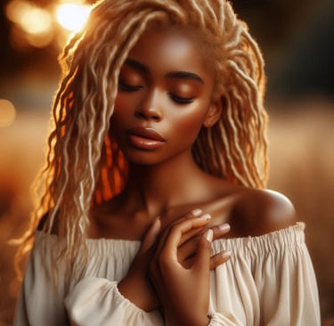 African American woman with sisterlocks in peaceful contemplation with hand on heart