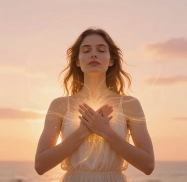 Woman manifesting abundance with hands on heart surrounded by golden energy light