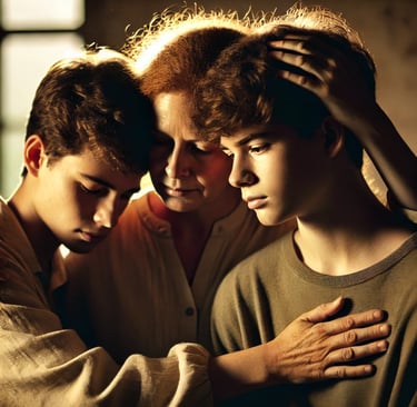 A mother embraces her two teenage sons, their faces close, radiating deep love and emotion.