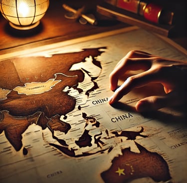 A world map on a table, a finger tracing the path toward China, signifying both escape and hope.