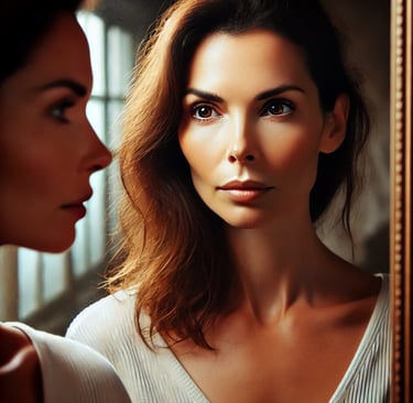 A woman’s mirror reflection—changed yet whole, strong yet soft—symbolizing growth and transformation
