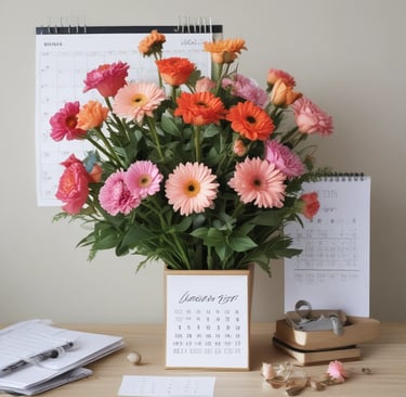 flowers in pot in front of wall calendar