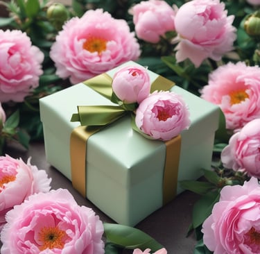 a gift box with a green ribbon tied to it