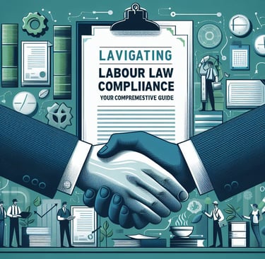 Image depicting labour law compliance with legal documents, handshake, and diverse workers.