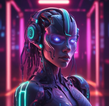 a woman in a futuristic suit with headphones and headphones