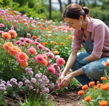 gardening woman tending to hybrid flowers