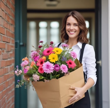 woman delivering a floral bouquet as a gift