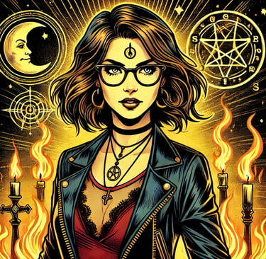 a woman in a leather jacket and glasses