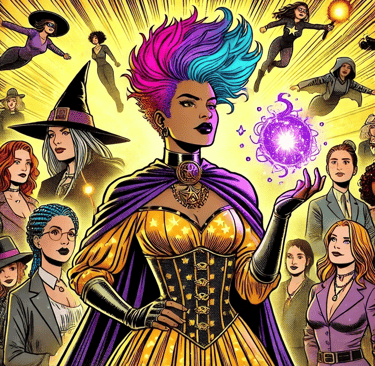 a woman in a yellow dress with a purple dress and a purple hat