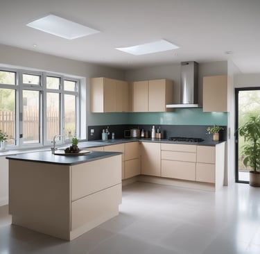 a kitchen with a large kitchen with a large window