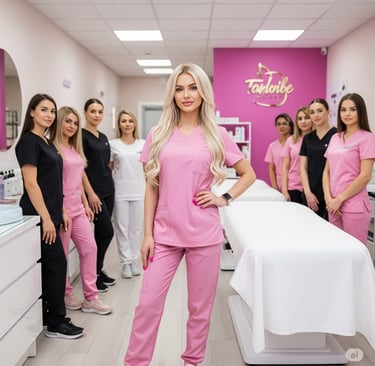 a woman in pink scrubs standing in a room with other beauticians