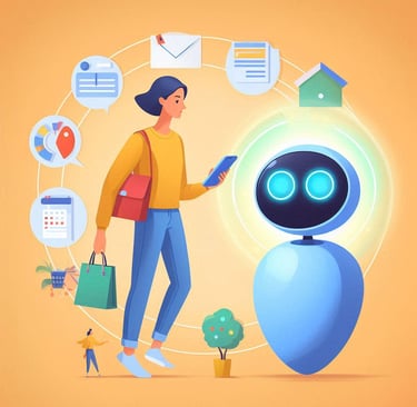 a woman is holding a cell phone and looking at a robot