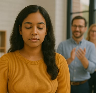 a woman in a yellow sweater and a man in a blue shirt