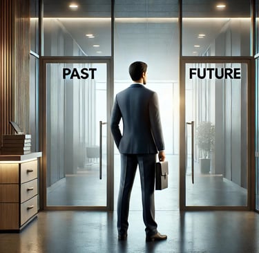a man in a suit and tie standing in front of a glass door