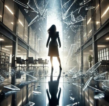 a woman in a dress and coat standing in a room with broken glass