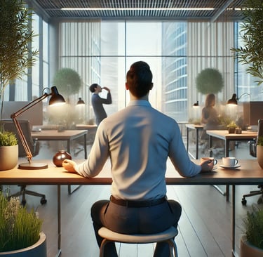 a man sitting at a desk with a laptop computer