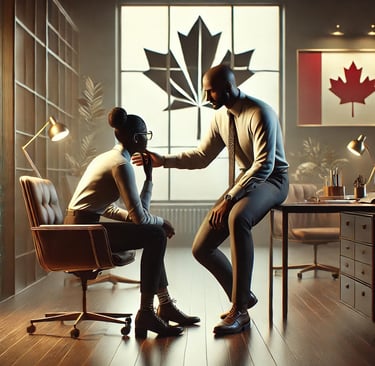 a man and woman sitting at a desk in a room