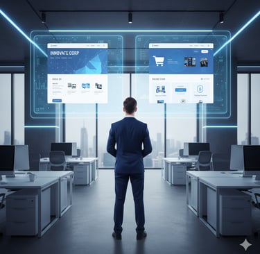 Pebisnis menatap dua layar besar, satu menampilkan situs web perusahaan, satu lagi situs e-commerce.