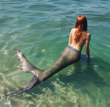 An underwater scene featuring a person swimming with a playful posture. Sunlight creates a pattern of shimmering reflections on the sandy ocean floor.