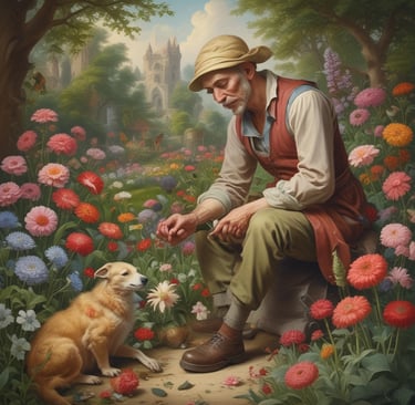 man looking down sat his flowers