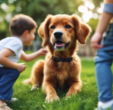 a dog is sitting on the grass