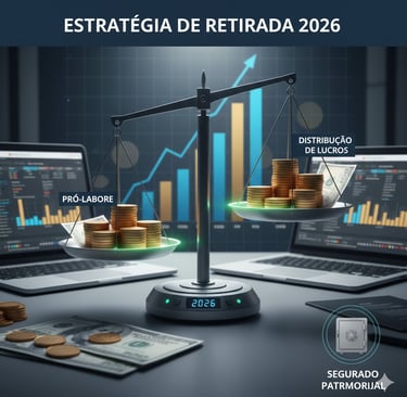 Uma balança medindo o peso do pró-labore e da distribuição de lucros.