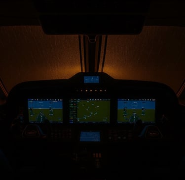 while flying looking out of plane cockpit into the dark while raining